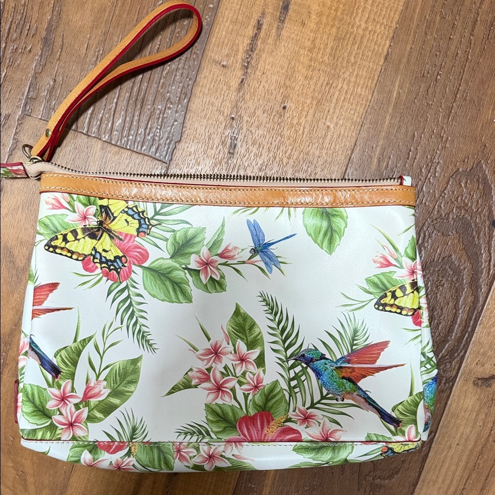 Cavalcanti Italian Leather Tropical Floral Wristlet Clutch. NWOT